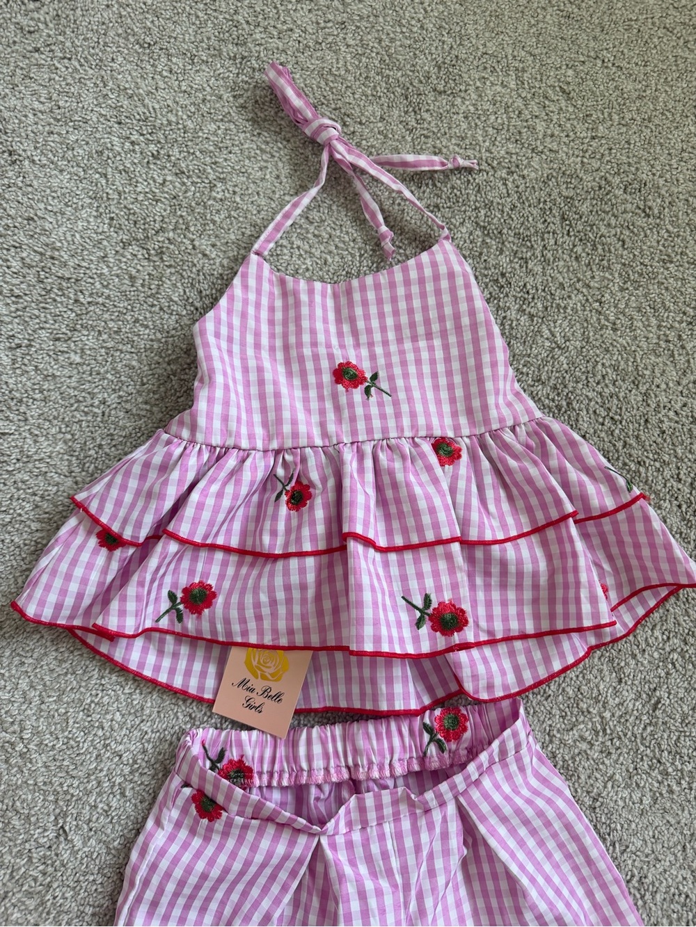 Mia Belle Girls Pink Gingham Rose Embroidered Matching Set - Picture 2 of 6